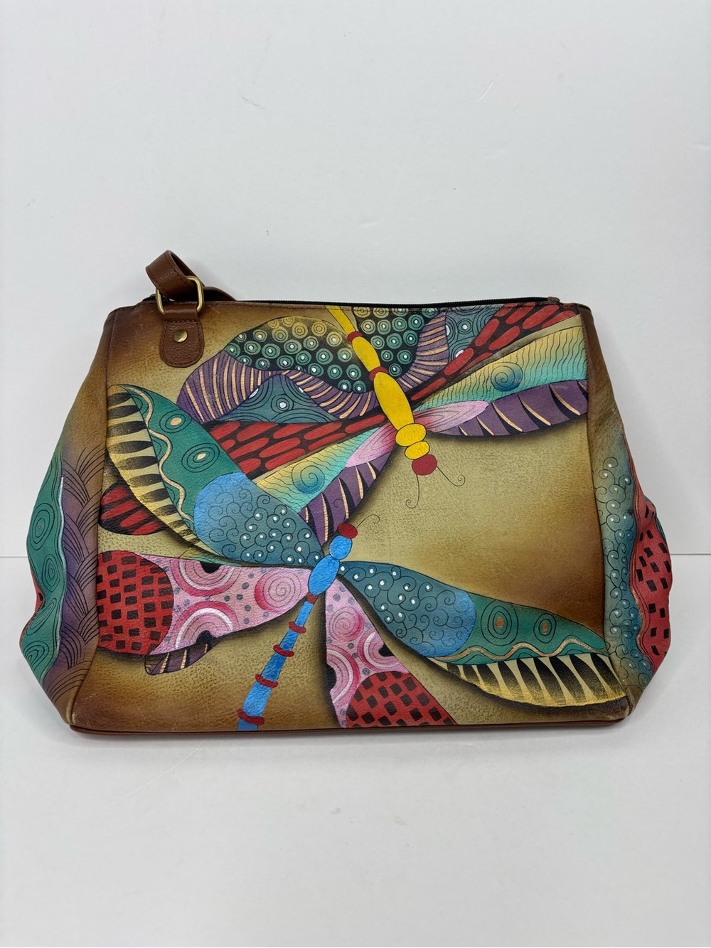 Anna Anuschka Painted Leather Dragonflies Colorful Artisan Shoulder Bag - Picture 2 of 13